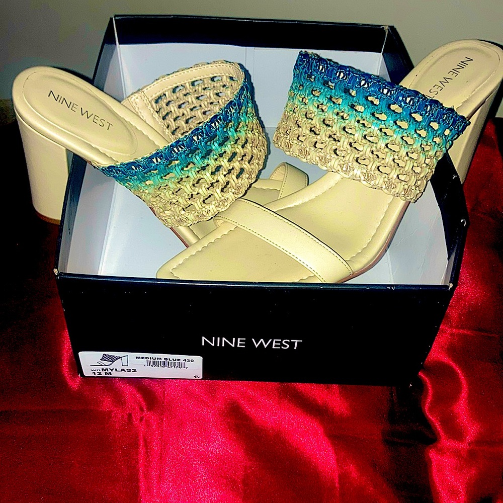 Nine West “MYLAS2” Medium Blue 420 square wedge heel open toe sandal 12M